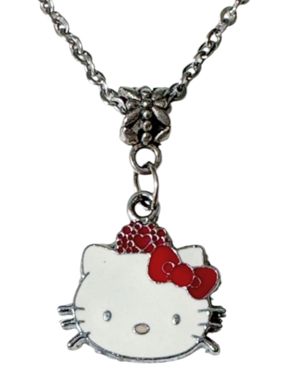 Hello Kitty silver tone enamel charm necklace 24”